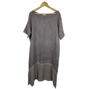 100% Lin‎ Blanc Women's Size 46 Grayish Taupe Linen Shift Midi Dress Lagenlook L